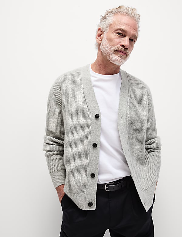 Textured V Neck Cardigan with Wool GREY Cardigans M S NZ