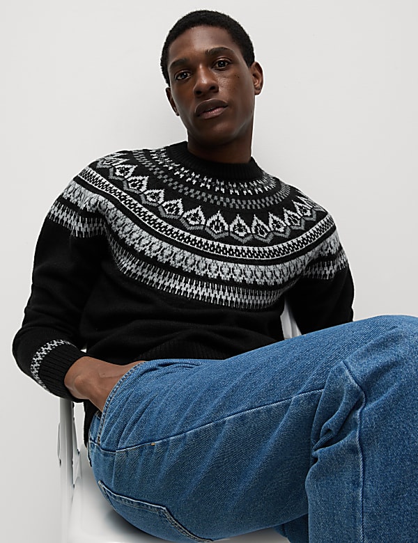 Πουλόβερ με κλειστή στρογγυλή λαιμόκοψη και νορβηγικό σχέδιο από μαλλί - GR