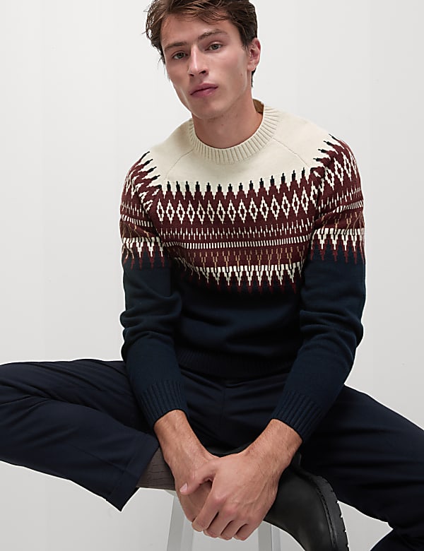 Marks Spencer Cotton Blend Fair Isle Crew Neck Jumper Dark Navy XL REG