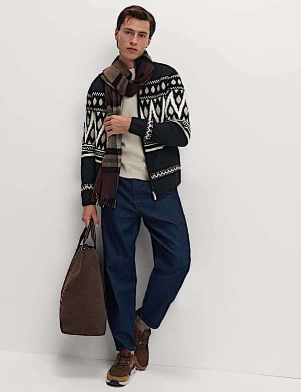 Chaqueta de punto estilo Fair Isle con cuello chimenea y lana - US