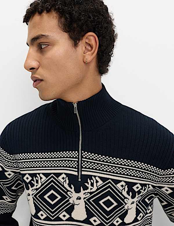 Pure Cotton Fair Isle Stag Half Zip Jumper - RO
