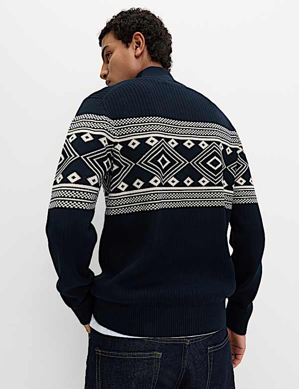 Pure Cotton Fair Isle Stag Half Zip Jumper