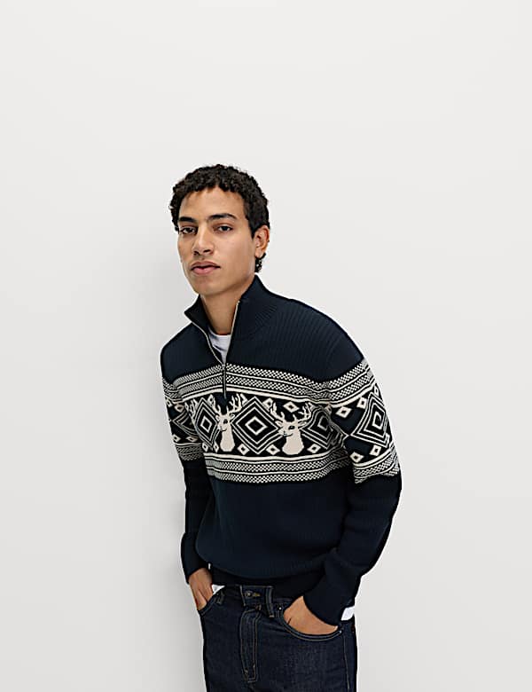 Pure Cotton Fair Isle Stag Half Zip Jumper