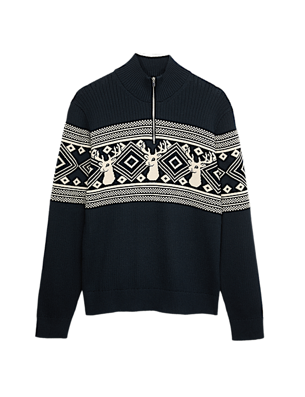 Pure Cotton Fair Isle Stag Half Zip Jumper