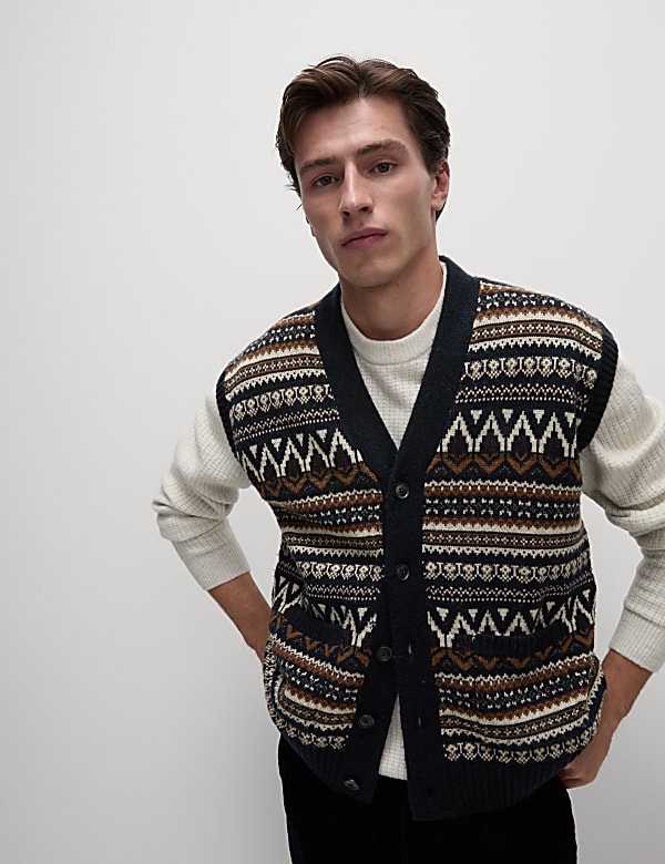 Gilet de costume en laine d&rsquo;agneau m&eacute;lang&eacute;e &agrave; motif jacquard - FR