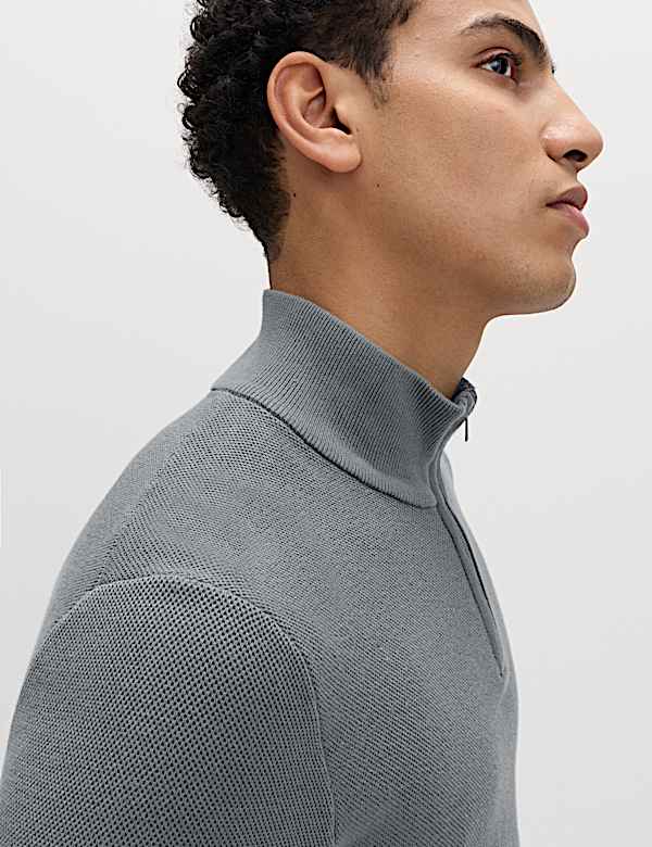 Cotton Rich Textured Half Zip Jumper - BN