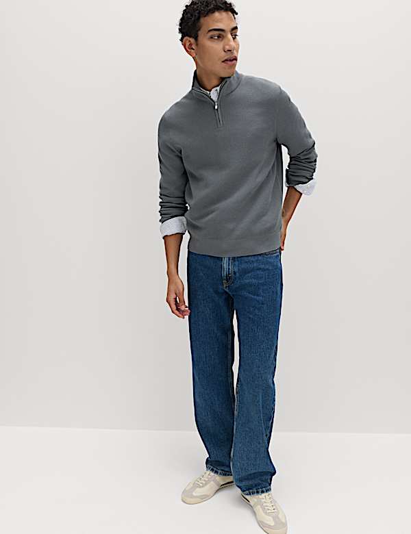 Cotton Rich Textured Half Zip Jumper - BN