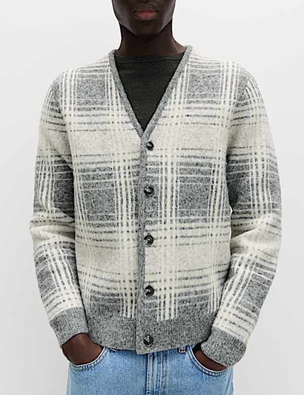 קרדיגן משובץ צמרירי בשילוב צמר עם צווארון וי - IL