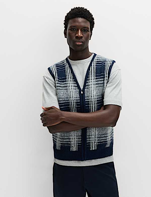 Checked V-Neck Zip Up Gilet with Wool - NL