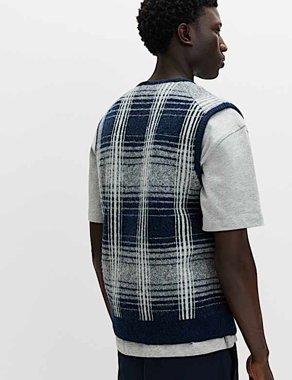 Checked V-Neck Zip Up Gilet with Wool - NL