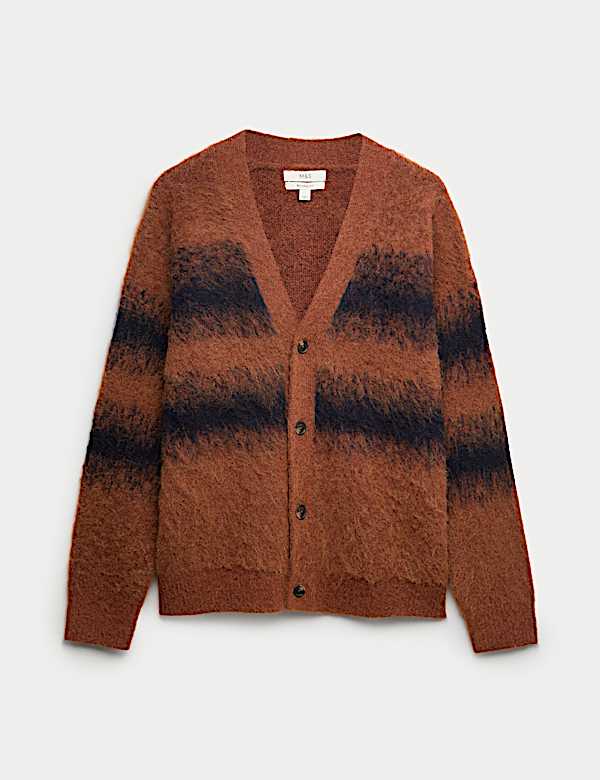 קרדיגן סרוג צמרירי עם פסים וצווארון וי - IL