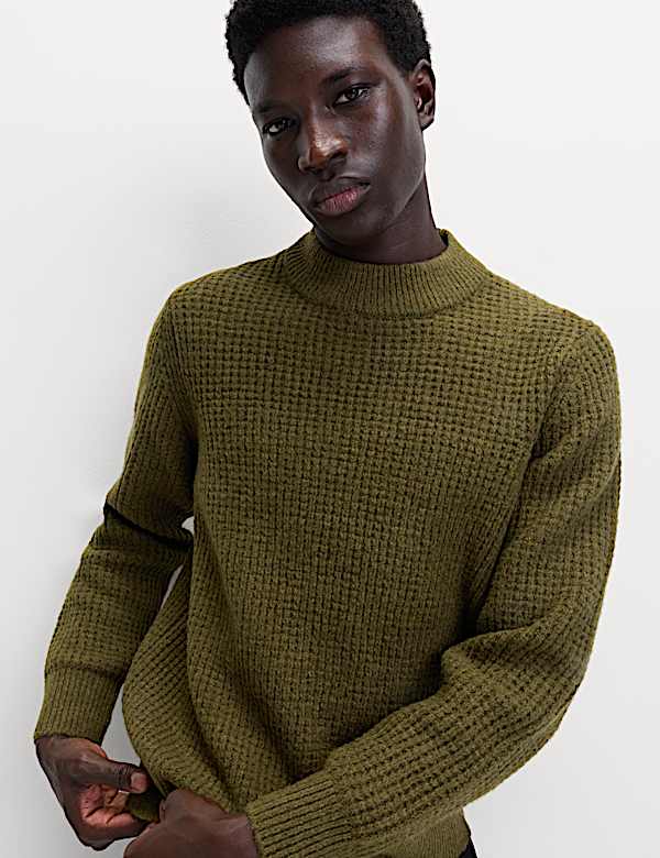 Waffle Knit High Neck Jumper with Wool - SK