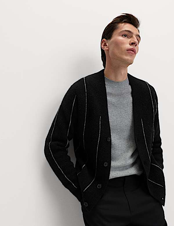 Striped V-Neck Cardigan with Wool