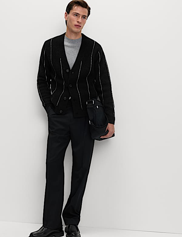 Striped V-Neck Cardigan with Wool