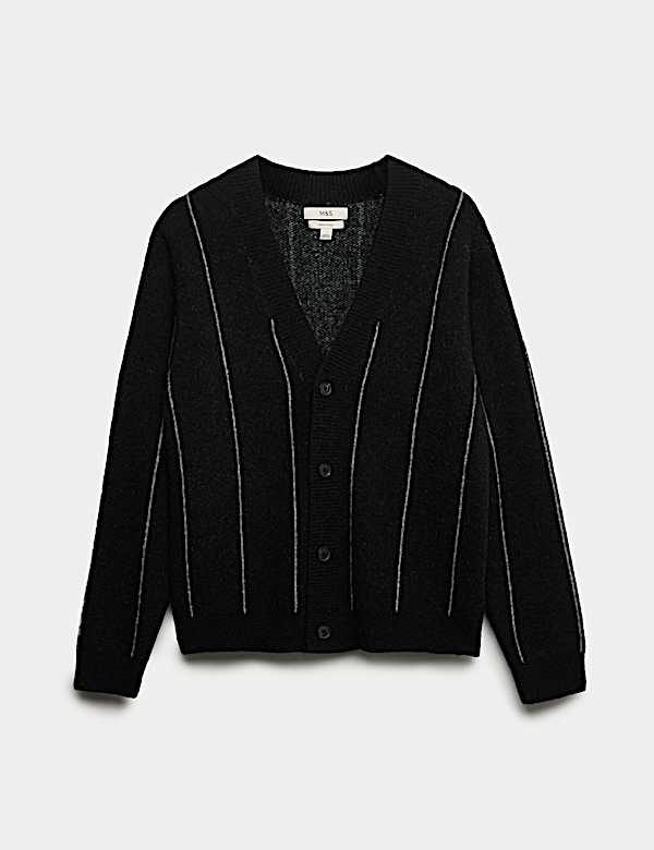 Gestreifte Strickjacke mit V-Ausschnitt und Wollanteil - AT