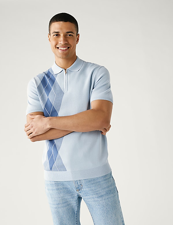 Cotton Rich Arygle Knitted Polo Shirt