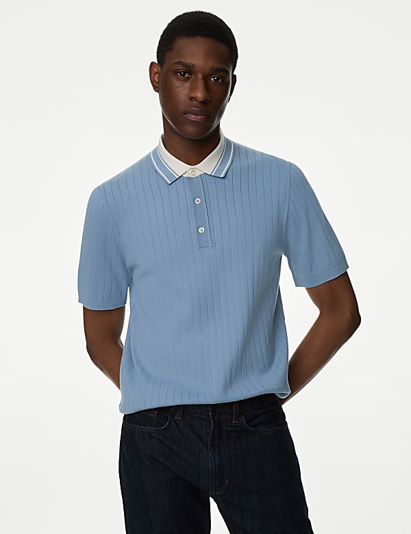 Cotton Rich Ribbed Knitted Polo Shirt - FI