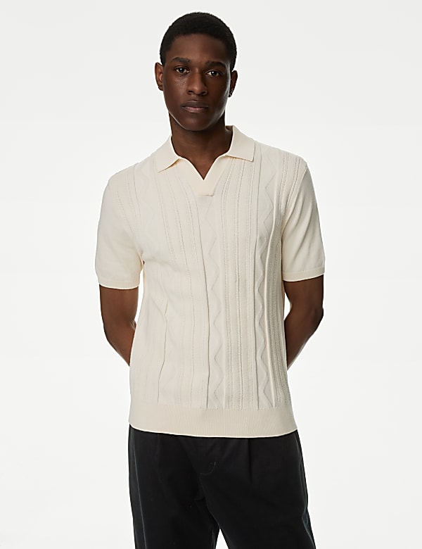 Cotton Rich Textured Knitted Polo Shirt ECRU Polo Shirts M S HR
