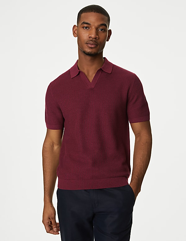 Textured Knitted Polo Shirt with Linen - LU