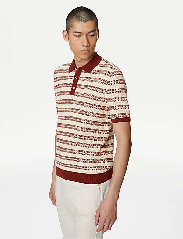 Pure Cotton Textured Striped Knitted Polo Shirt