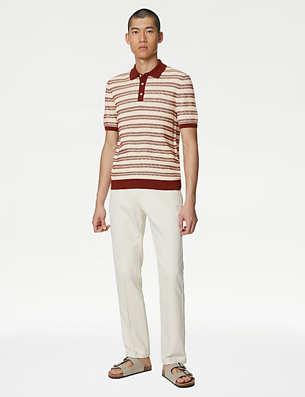 Pure Cotton Textured Striped Knitted Polo Shirt
