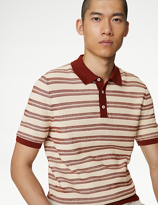 Pure Cotton Textured Striped Knitted Polo Shirt
