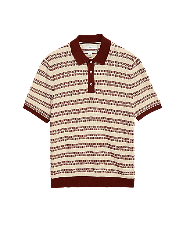 Pure Cotton Textured Striped Knitted Polo Shirt