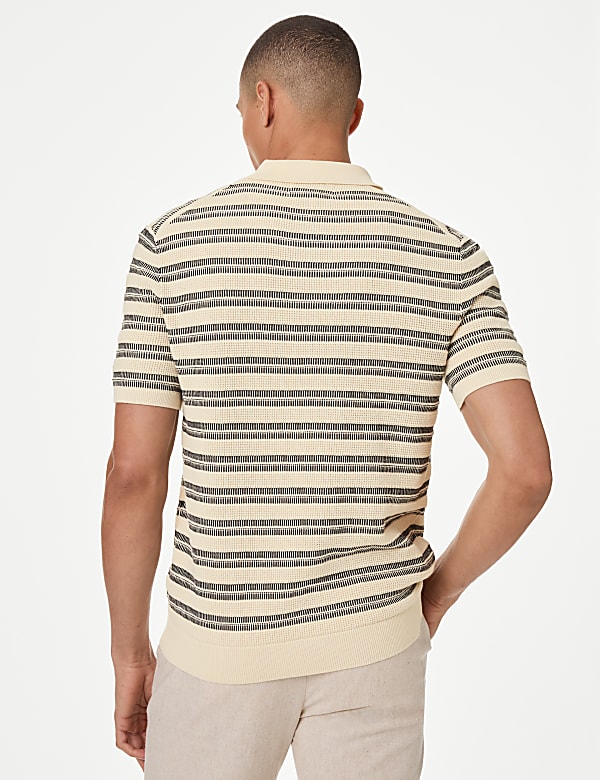 Pure Cotton Textured Striped Knitted Polo Shirt