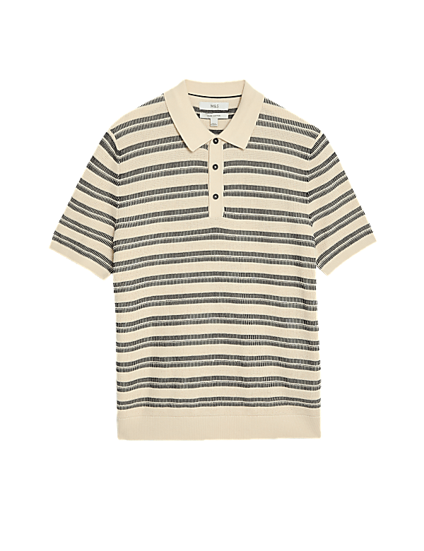 Pure Cotton Textured Striped Knitted Polo Shirt