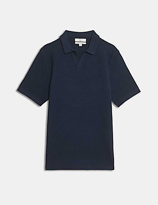 Pure Cotton Open Neck Ribbed Knitted Polo Shirt - SE
