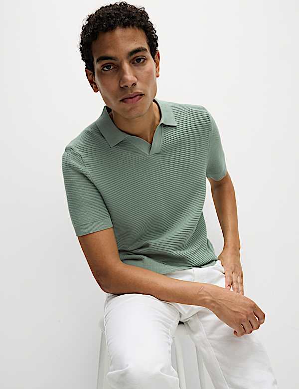 Pure Cotton Open Neck Knitted Polo Shirt - JE