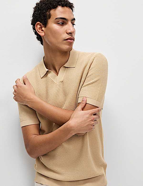 Pure Cotton Open Neck Knitted Polo Shirt - US