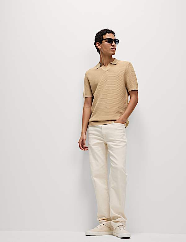 Rippstrick-Poloshirt aus reiner Baumwolle mit offenem Kragen - DE