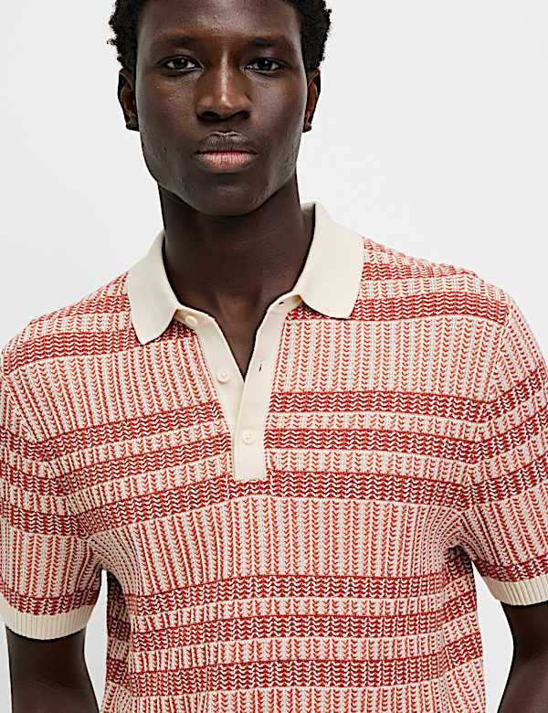 Pure Cotton Striped Knitted Polo Shirt - LV