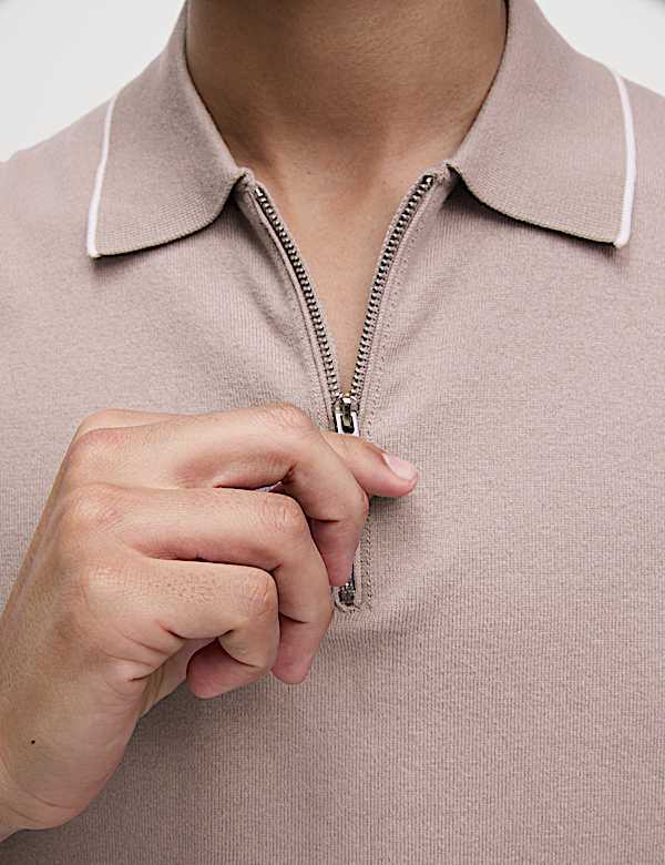 Cotton Rich Half Zip Knitted Polo Shirt - JE