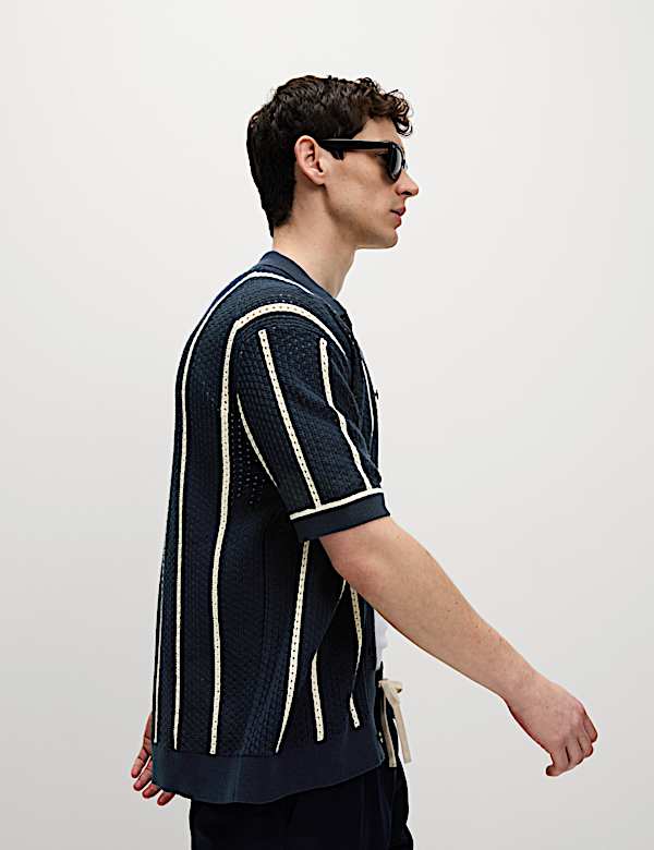 Pure Cotton Striped Knitted Polo Shirt - GR