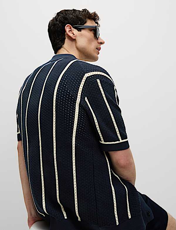 Pure Cotton Striped Knitted Polo Shirt - EE