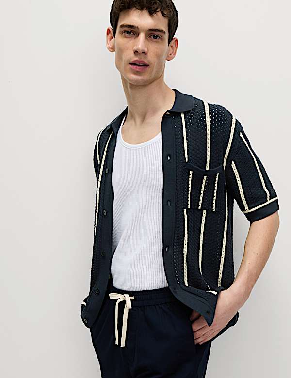 Pure Cotton Striped Knitted Polo Shirt - EE