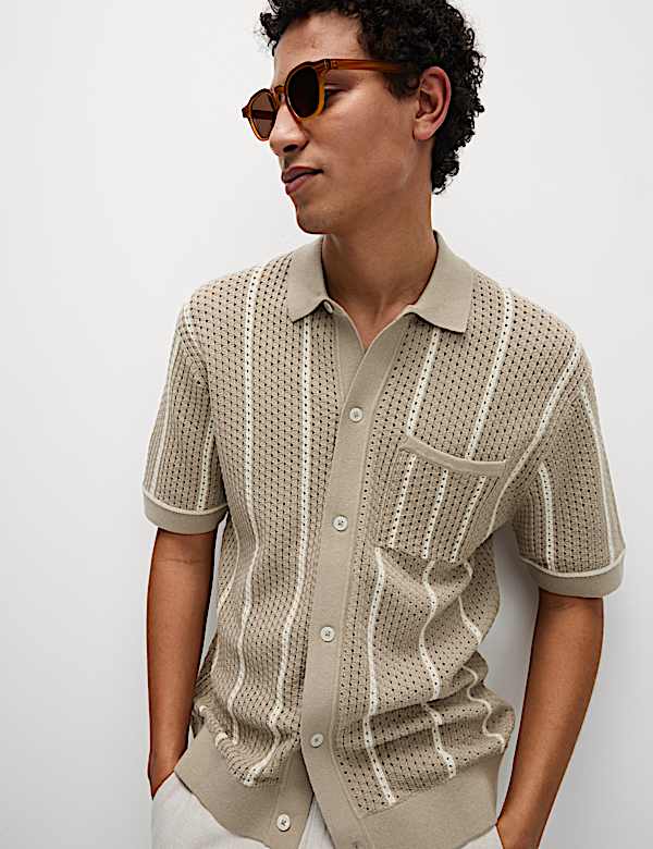 Pure Cotton Striped Knitted Polo Shirt - CY