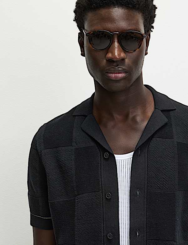 Button-Through Patchwork Knitted Polo Shirt - GR