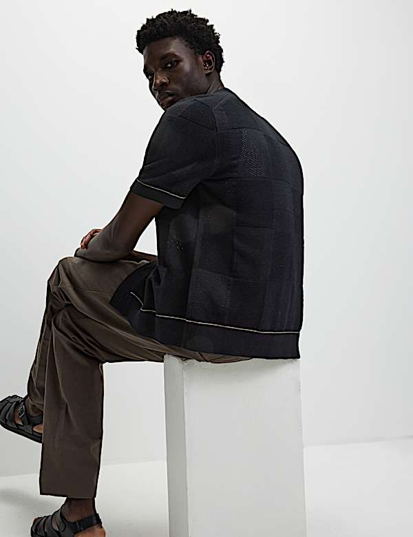 Button-Through Patchwork Knitted Polo Shirt - GR