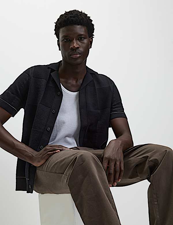 Button-Through Patchwork Knitted Polo Shirt - GR