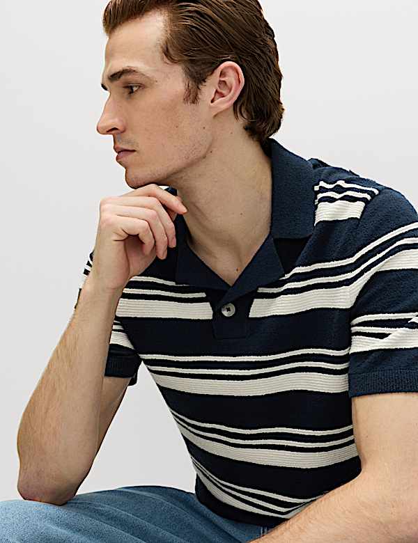 Cotton Rich Bold Striped Boucle Polo Shirt - CA