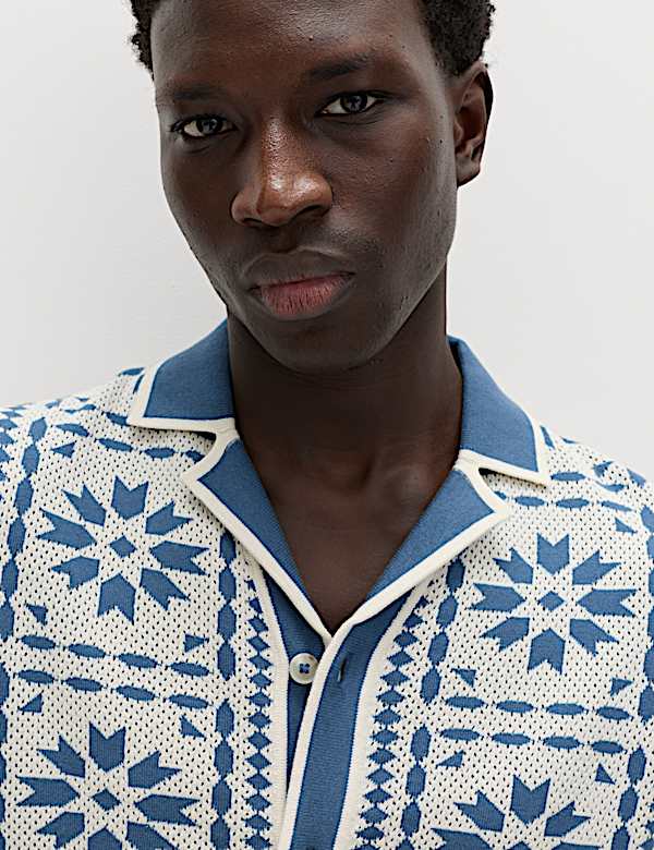Pure Cotton Mosaic Button-Through Polo Shirt - CA