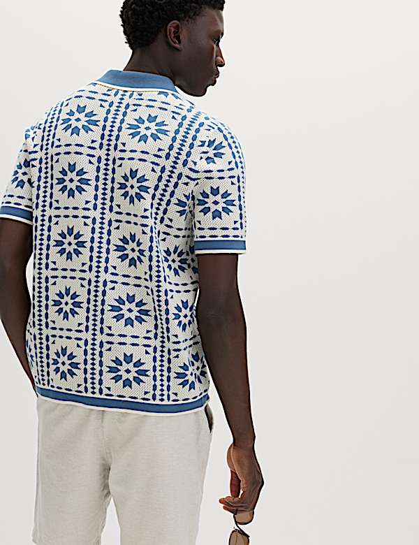 Pure Cotton Mosaic Button-Through Polo Shirt - CA