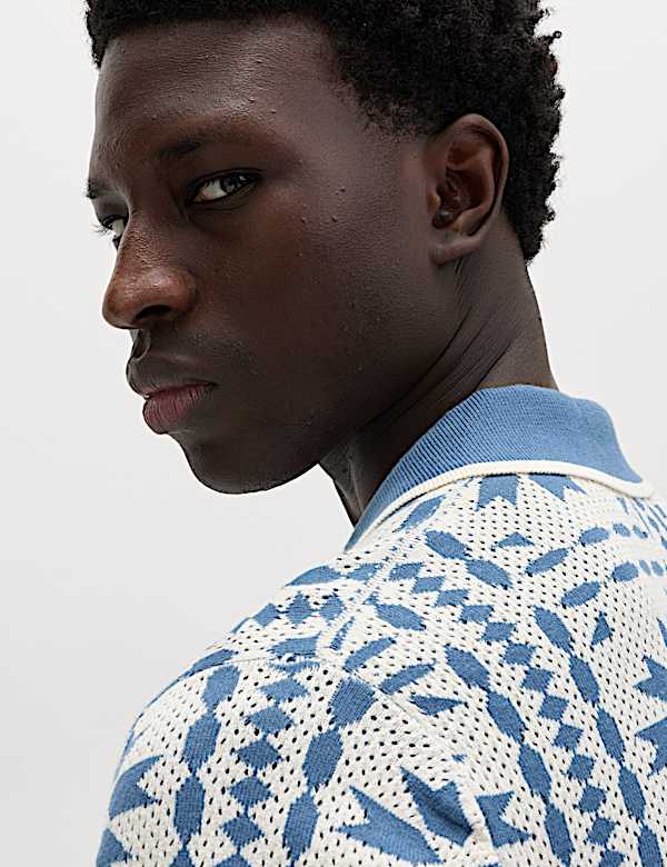 Pure Cotton Mosaic Button-Through Polo Shirt - CA