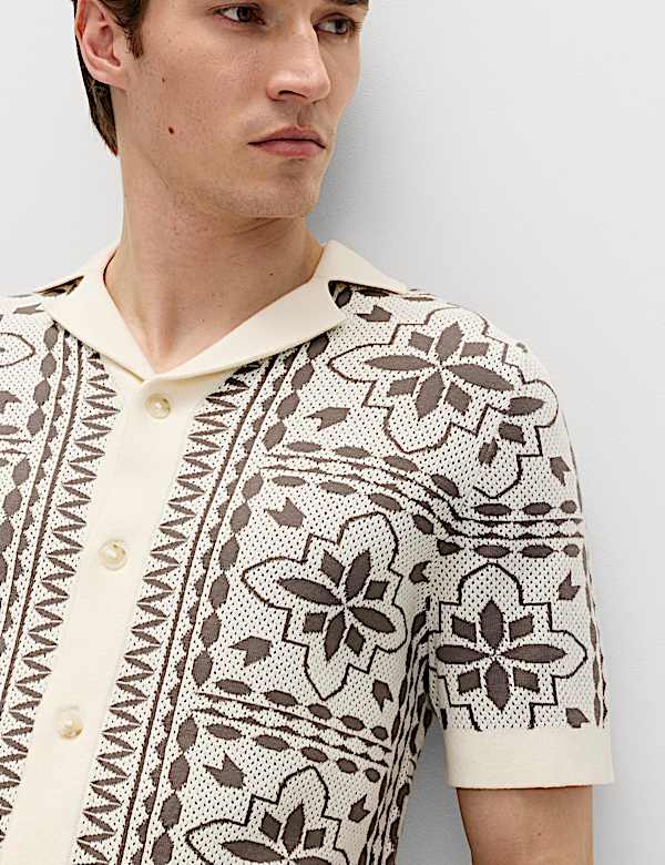 Pure Cotton Mosaic Button-Through Polo Shirt - LT