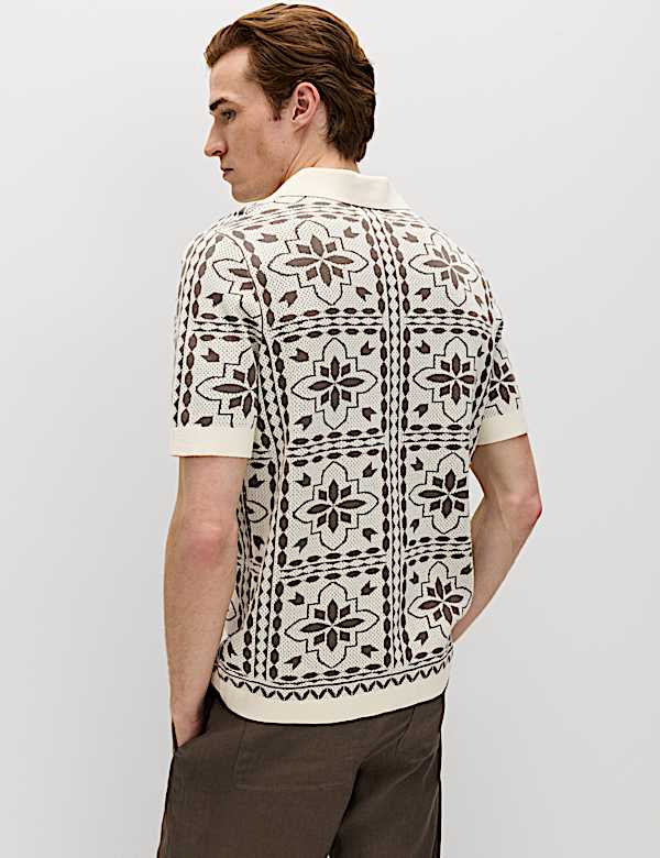 Pure Cotton Mosaic Button-Through Polo Shirt - LT
