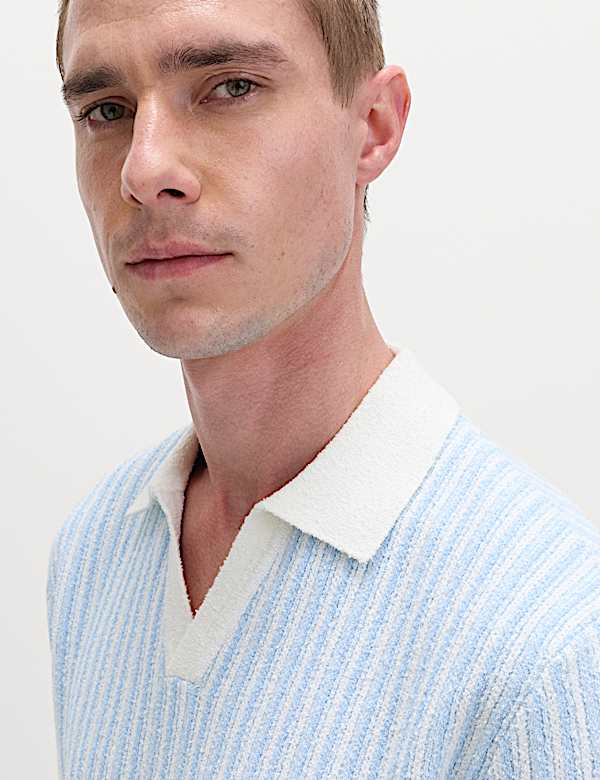Boucle Striped Open Neck Knitted Polo Shirt