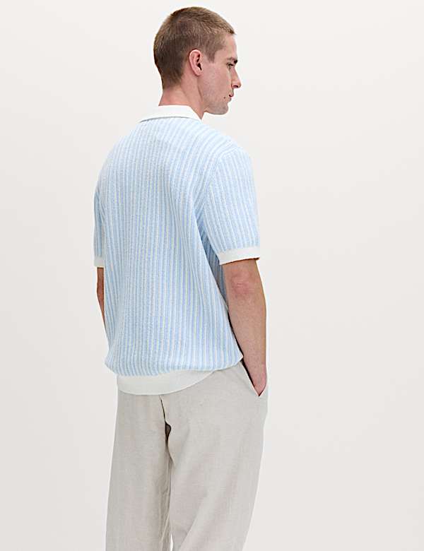 Boucle Striped Open Neck Knitted Polo Shirt